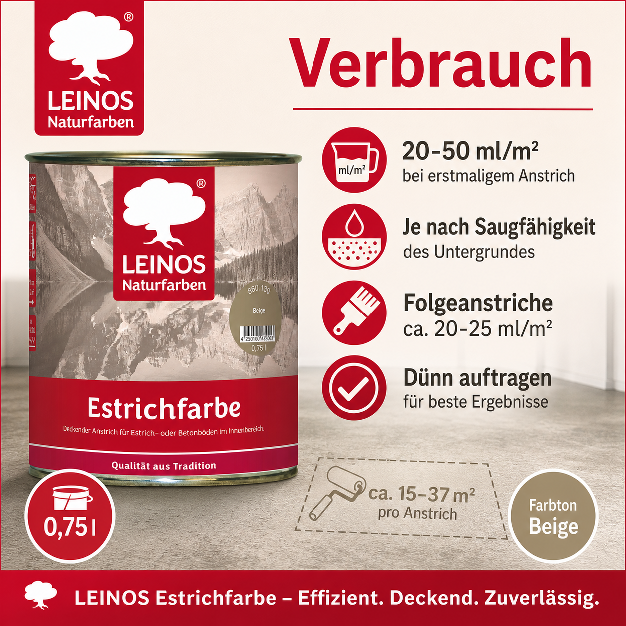 Leinos Naturfarben Estrichfarbe 860 | für innen | Schutz & Farbgebung für offenporige Estrich- & Betonflächen | abriebfest, wasserabweisend | Beige  | 0,75 Liter