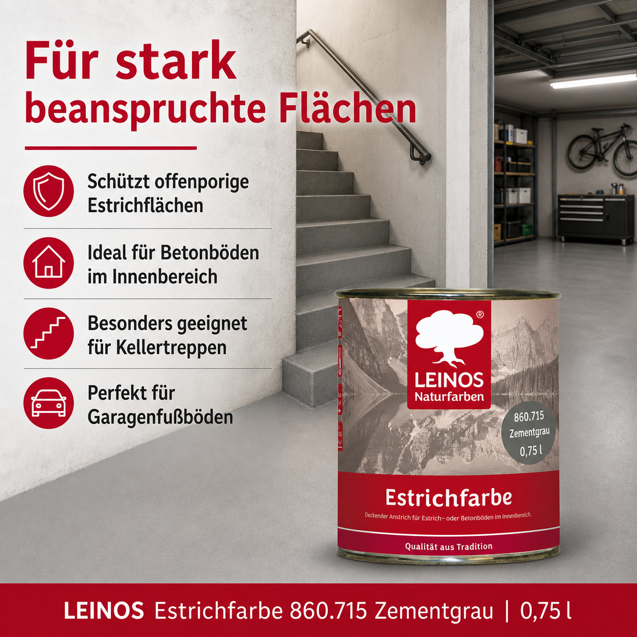 LEINOS 860 Estrichfarbe für Innen, 0,75l, Zementgrau
