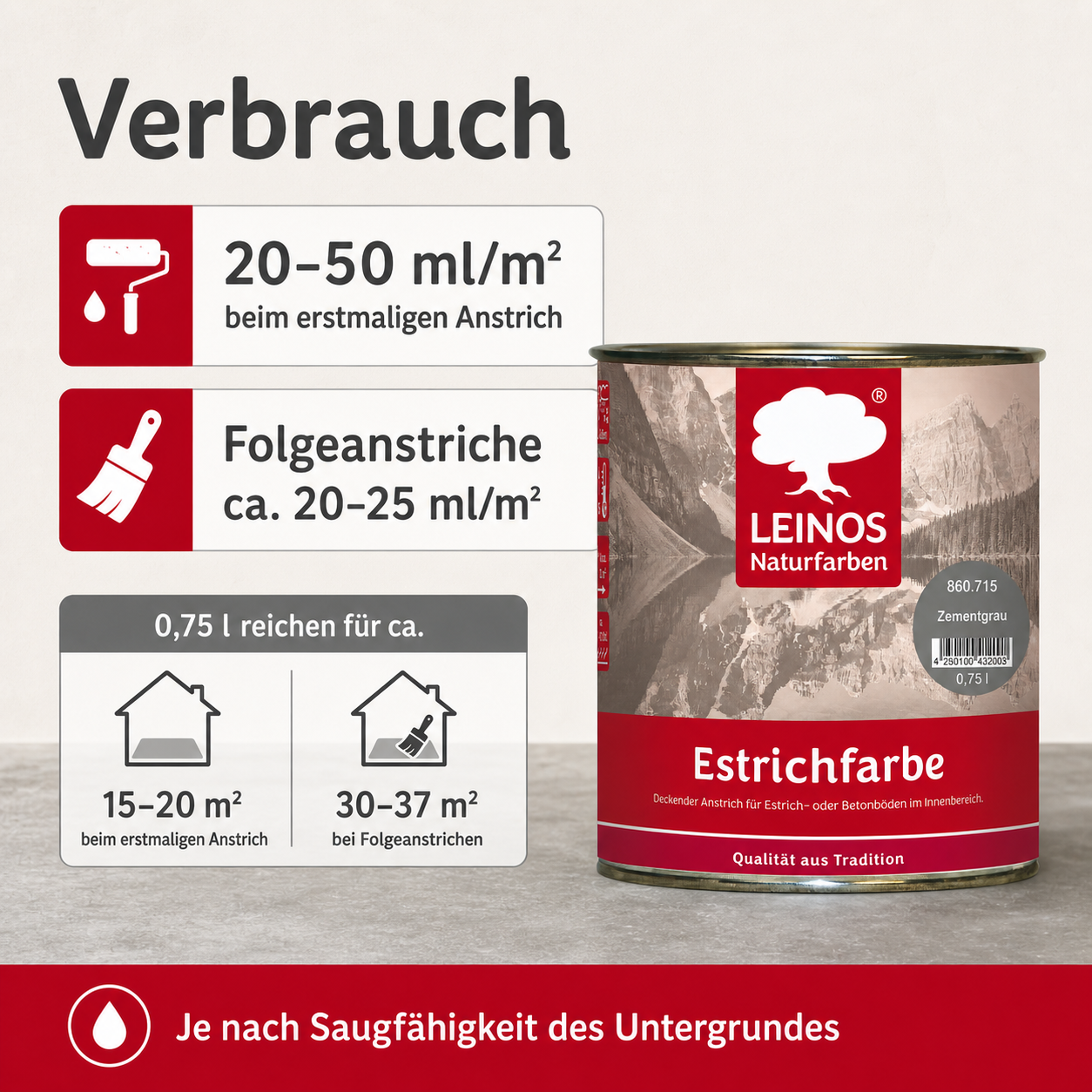 LEINOS 860 Estrichfarbe für Innen, 0,75l, Zementgrau