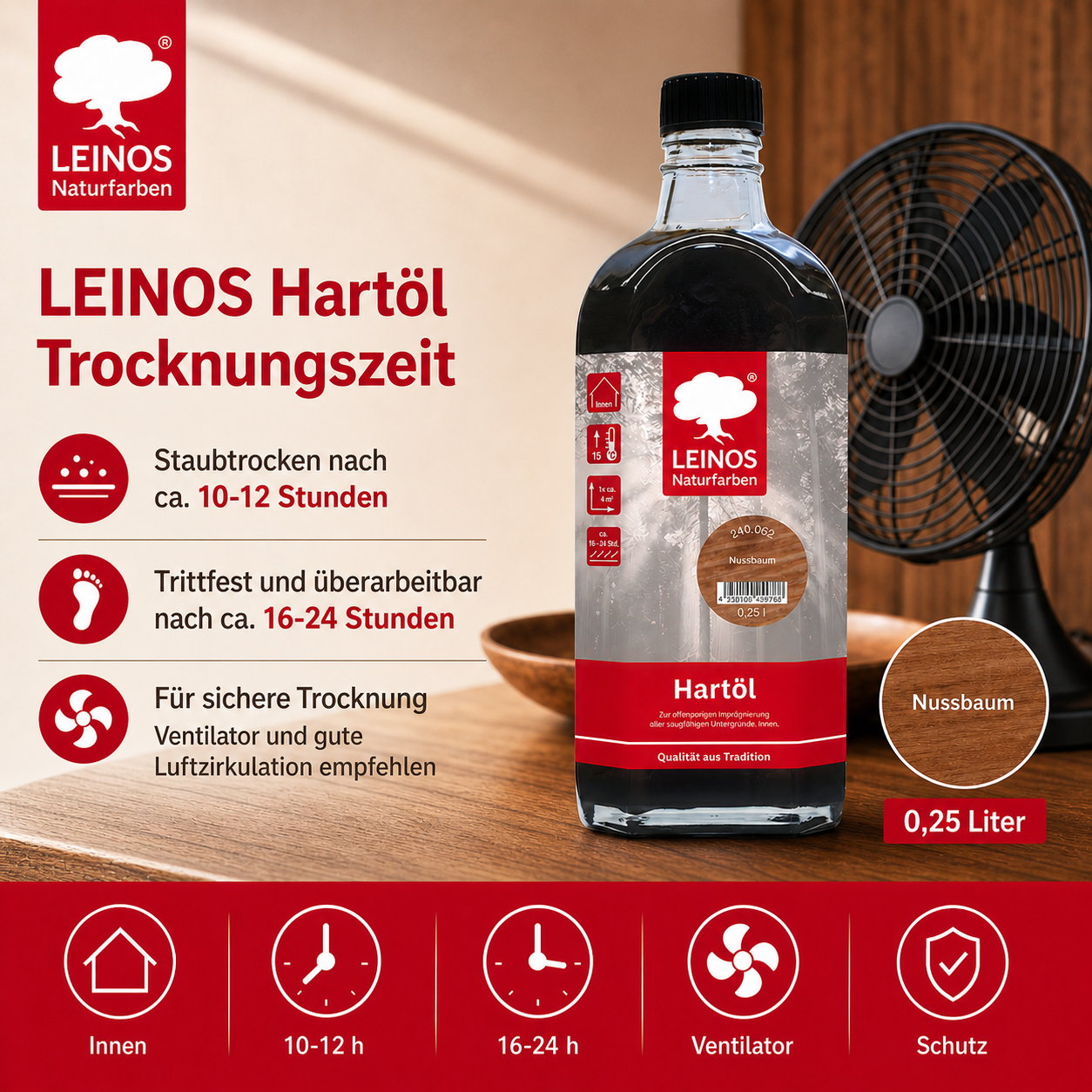 LEINOS Holzöl 250 ml | Hartöl Nussbaum für Tische Möbel Arbeitsplatten | Teak Eiche Möbelöl für effektive Versiegelung und langanhaltenden Schutz im Innenbereich