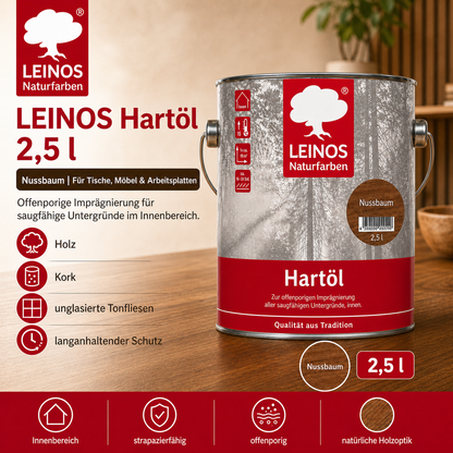LEINOS Holzöl 2,5 l | Hartöl Nussbaum für Tische Möbel Arbeitsplatten | Teak Eiche Möbelöl für effektive Versiegelung und langanhaltenden Schutz im Innenbereich