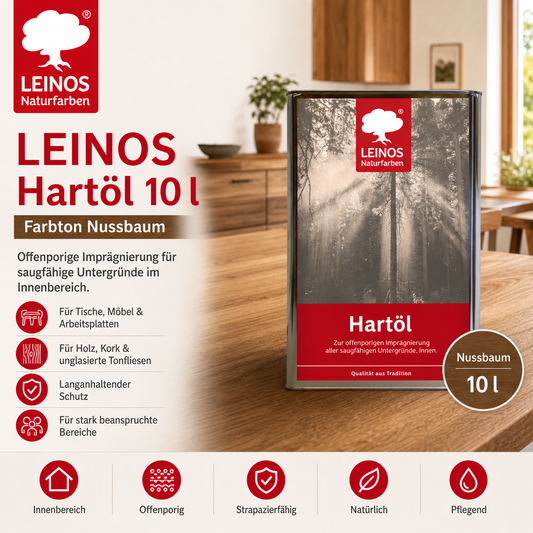LEINOS Holzöl 10 l | Hartöl Nussbaum für Tische Möbel Arbeitsplatten | Teak Eiche Möbelöl für effektive Versiegelung und langanhaltenden Schutz im Innenbereich