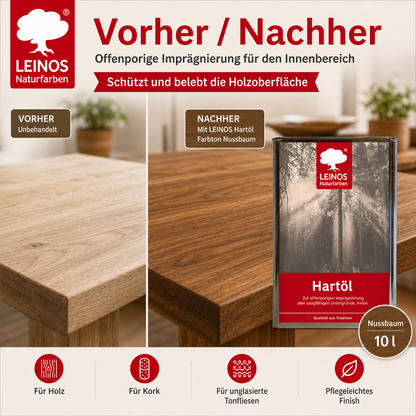 LEINOS Holzöl 10 l | Hartöl Nussbaum für Tische Möbel Arbeitsplatten | Teak Eiche Möbelöl für effektive Versiegelung und langanhaltenden Schutz im Innenbereich