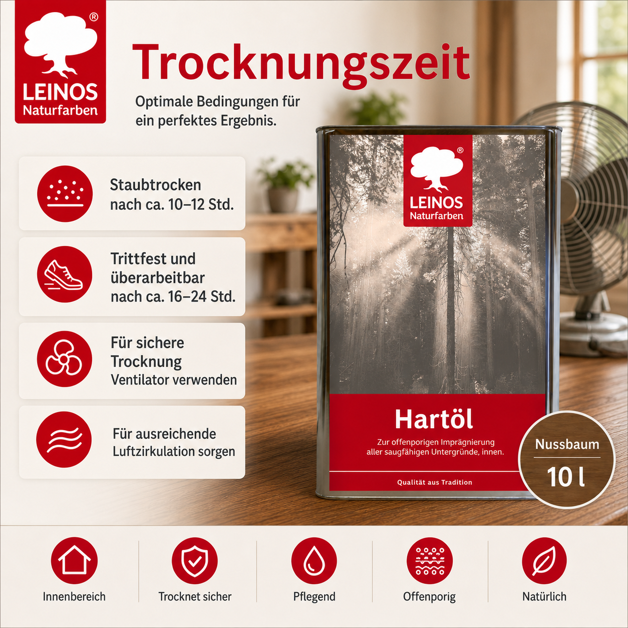 LEINOS Holzöl 10 l | Hartöl Nussbaum für Tische Möbel Arbeitsplatten | Teak Eiche Möbelöl für effektive Versiegelung und langanhaltenden Schutz im Innenbereich