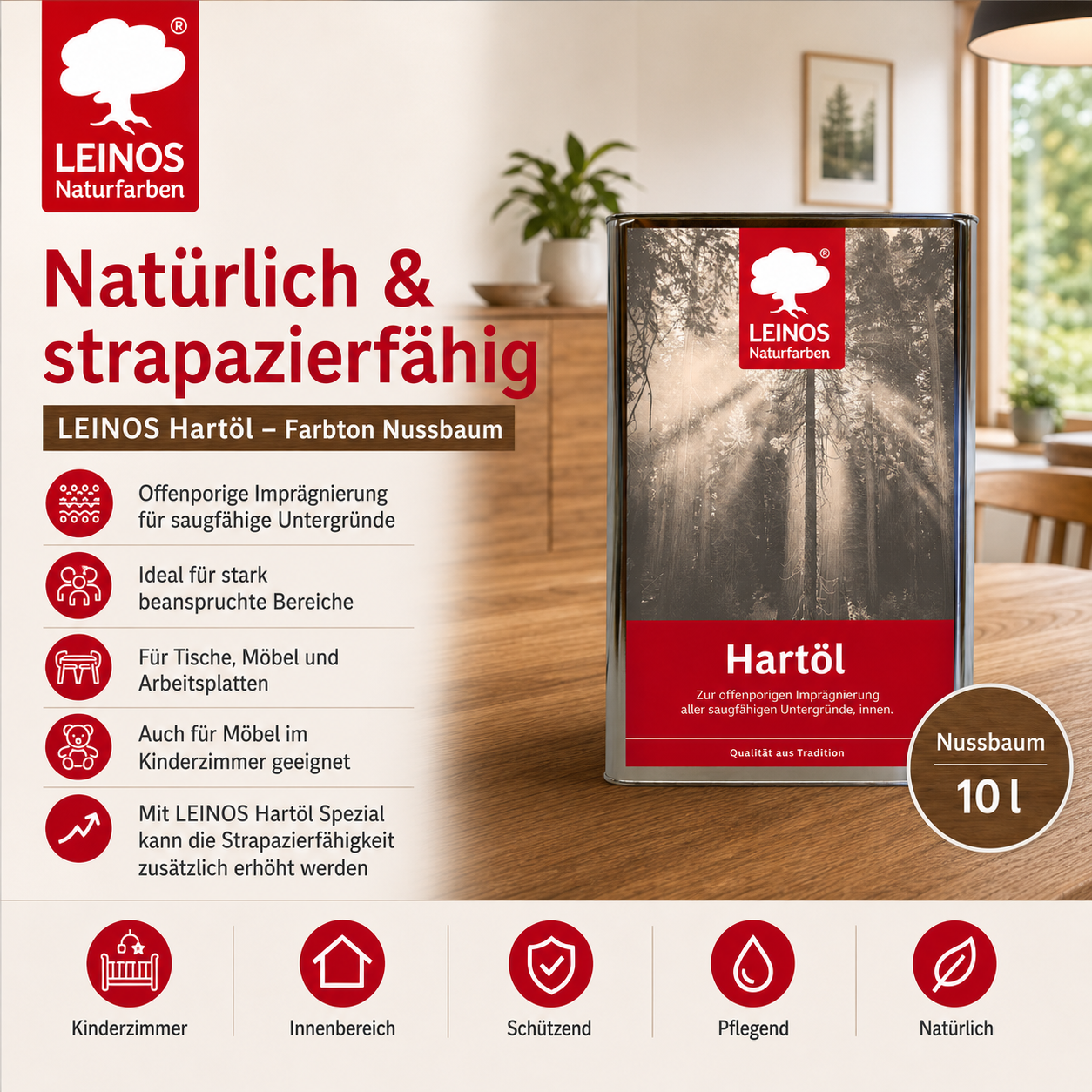 LEINOS Holzöl 10 l | Hartöl Nussbaum für Tische Möbel Arbeitsplatten | Teak Eiche Möbelöl für effektive Versiegelung und langanhaltenden Schutz im Innenbereich
