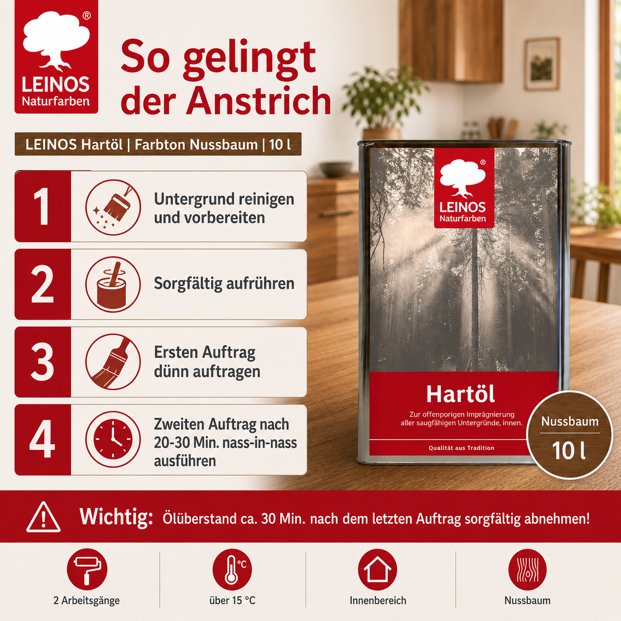 LEINOS Holzöl 10 l | Hartöl Nussbaum für Tische Möbel Arbeitsplatten | Teak Eiche Möbelöl für effektive Versiegelung und langanhaltenden Schutz im Innenbereich
