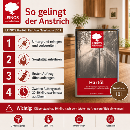 LEINOS Holzöl 10 l | Hartöl Nussbaum für Tische Möbel Arbeitsplatten | Teak Eiche Möbelöl für effektive Versiegelung und langanhaltenden Schutz im Innenbereich