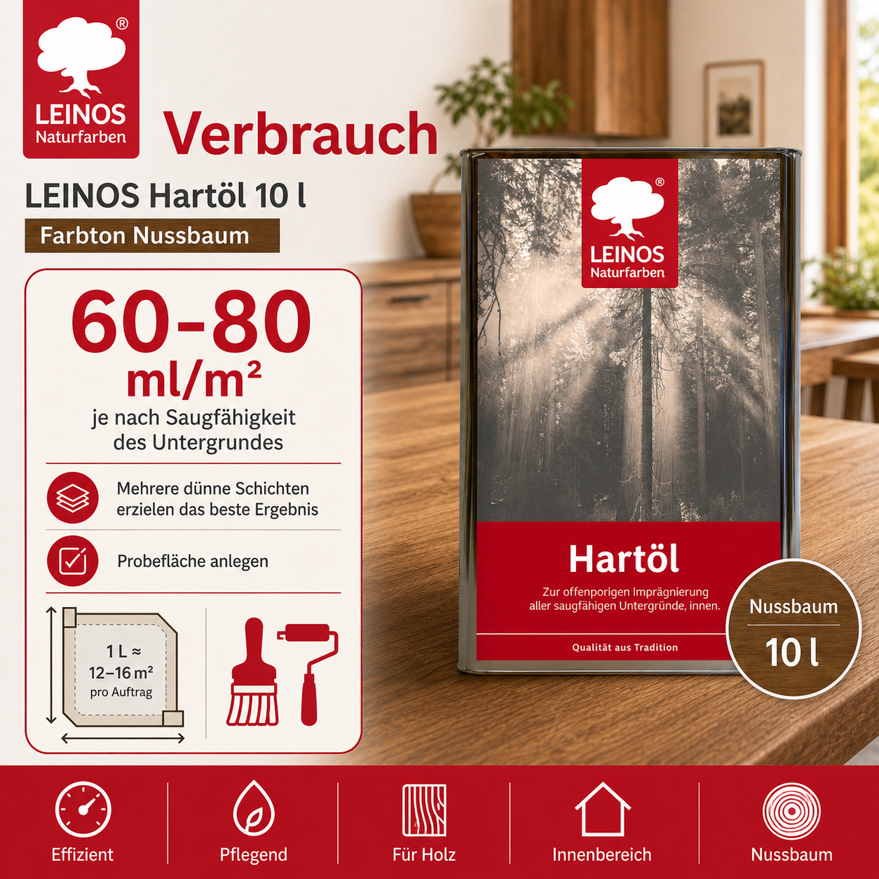 LEINOS Holzöl 10 l | Hartöl Nussbaum für Tische Möbel Arbeitsplatten | Teak Eiche Möbelöl für effektive Versiegelung und langanhaltenden Schutz im Innenbereich