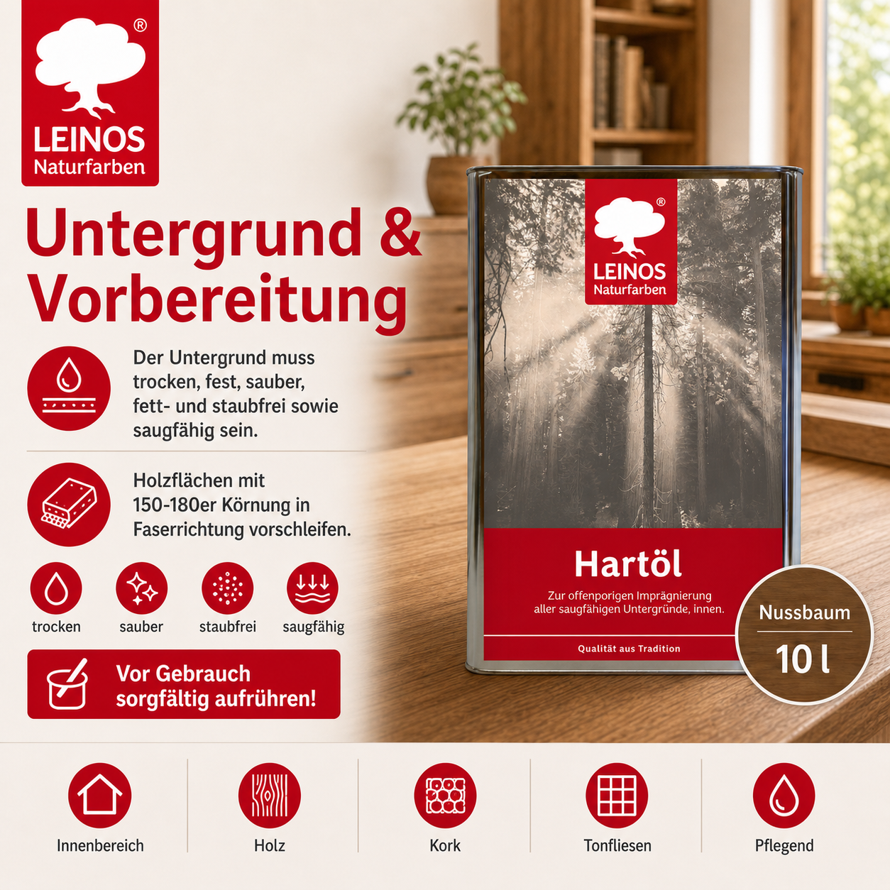 LEINOS Holzöl 10 l | Hartöl Nussbaum für Tische Möbel Arbeitsplatten | Teak Eiche Möbelöl für effektive Versiegelung und langanhaltenden Schutz im Innenbereich