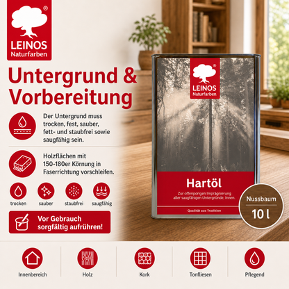 LEINOS Holzöl 10 l | Hartöl Nussbaum für Tische Möbel Arbeitsplatten | Teak Eiche Möbelöl für effektive Versiegelung und langanhaltenden Schutz im Innenbereich