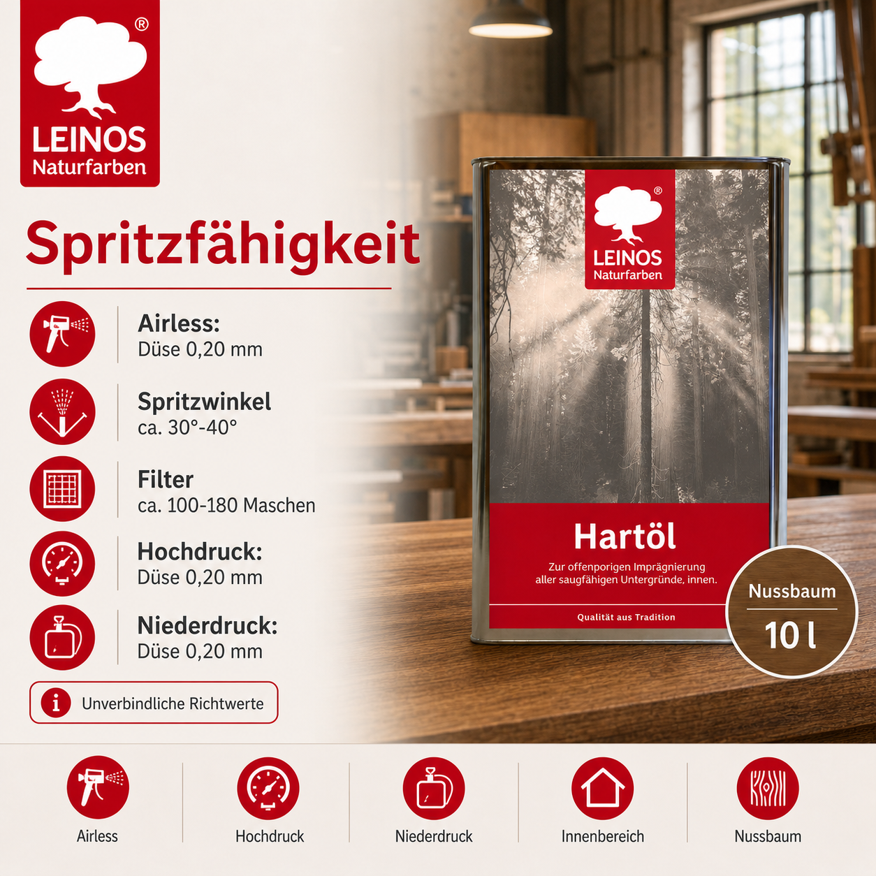 LEINOS Holzöl 10 l | Hartöl Nussbaum für Tische Möbel Arbeitsplatten | Teak Eiche Möbelöl für effektive Versiegelung und langanhaltenden Schutz im Innenbereich