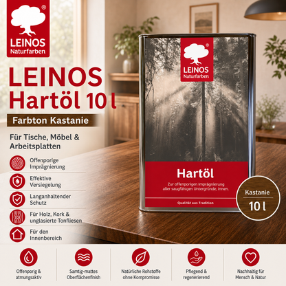 LEINOS Holzöl 10 l | Hartöl Kastanie für Tische Möbel Arbeitsplatten | Teak Eiche Möbelöl für effektive Versiegelung und langanhaltenden Schutz im Innenbereich