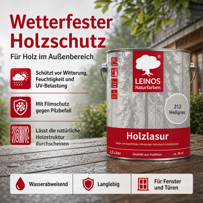 Wetterfeste Holzlasur für Außen 212 Hellgrau 2,50 Liter - offenporiger Holzschutz mit Filmschutz gegen Pilzbefall - für Fenster, Türen, Zäune & Pergolen - wasserabweisend, lasierend