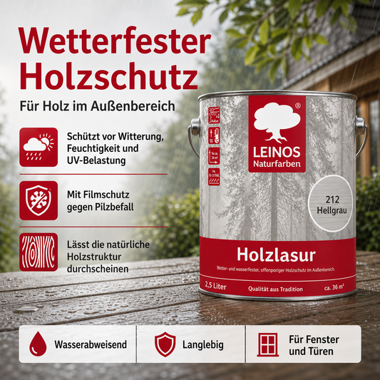 Wetterfeste Holzlasur für Außen 212 Hellgrau 2,50 Liter - offenporiger Holzschutz mit Filmschutz gegen Pilzbefall - für Fenster, Türen, Zäune & Pergolen - wasserabweisend, lasierend