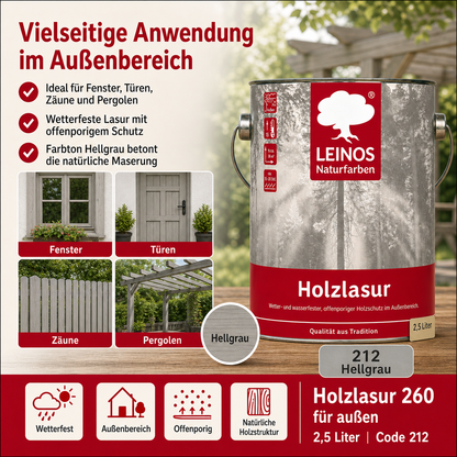 Wetterfeste Holzlasur für Außen 212 Hellgrau 2,50 Liter - offenporiger Holzschutz mit Filmschutz gegen Pilzbefall - für Fenster, Türen, Zäune & Pergolen - wasserabweisend, lasierend