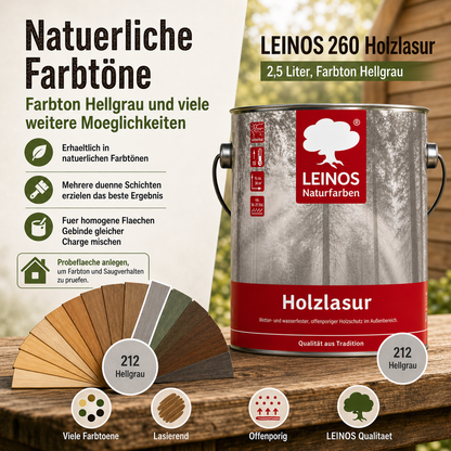 Wetterfeste Holzlasur für Außen 212 Hellgrau 2,50 Liter - offenporiger Holzschutz mit Filmschutz gegen Pilzbefall - für Fenster, Türen, Zäune & Pergolen - wasserabweisend, lasierend