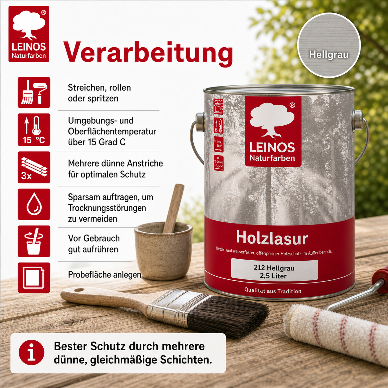 Wetterfeste Holzlasur für Außen 212 Hellgrau 2,50 Liter - offenporiger Holzschutz mit Filmschutz gegen Pilzbefall - für Fenster, Türen, Zäune & Pergolen - wasserabweisend, lasierend