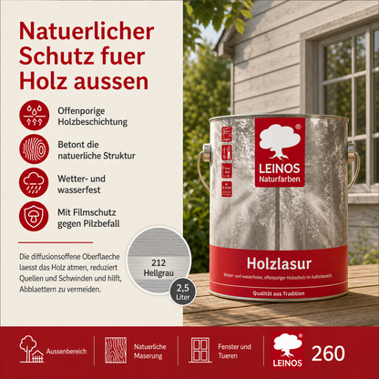 Wetterfeste Holzlasur für Außen 212 Hellgrau 2,50 Liter - offenporiger Holzschutz mit Filmschutz gegen Pilzbefall - für Fenster, Türen, Zäune & Pergolen - wasserabweisend, lasierend