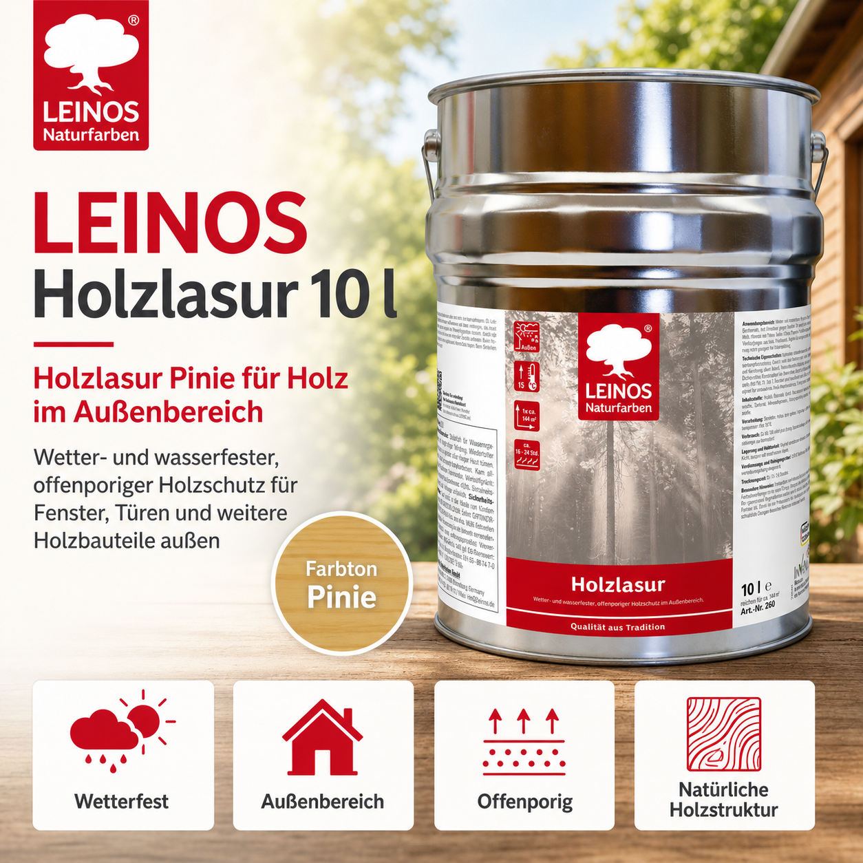 Wetterfeste Holzlasur für Außen 022 Pinie 10,00 Liter - offenporiger Holzschutz mit Filmschutz gegen Pilzbefall - für Fenster, Türen, Zäune & Pergolen - wasserabweisend, lasierend