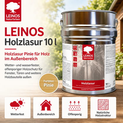 Wetterfeste Holzlasur für Außen 022 Pinie 10,00 Liter - offenporiger Holzschutz mit Filmschutz gegen Pilzbefall - für Fenster, Türen, Zäune & Pergolen - wasserabweisend, lasierend