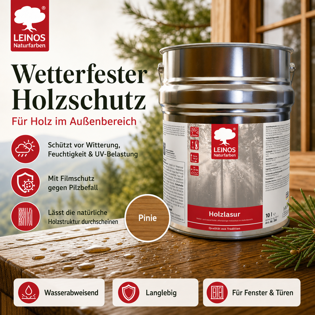 Wetterfeste Holzlasur für Außen 022 Pinie 10,00 Liter - offenporiger Holzschutz mit Filmschutz gegen Pilzbefall - für Fenster, Türen, Zäune & Pergolen - wasserabweisend, lasierend