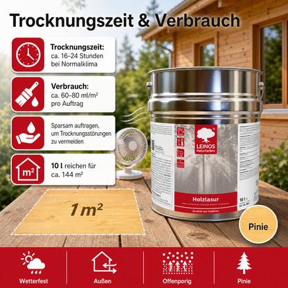 Wetterfeste Holzlasur für Außen 022 Pinie 10,00 Liter - offenporiger Holzschutz mit Filmschutz gegen Pilzbefall - für Fenster, Türen, Zäune & Pergolen - wasserabweisend, lasierend