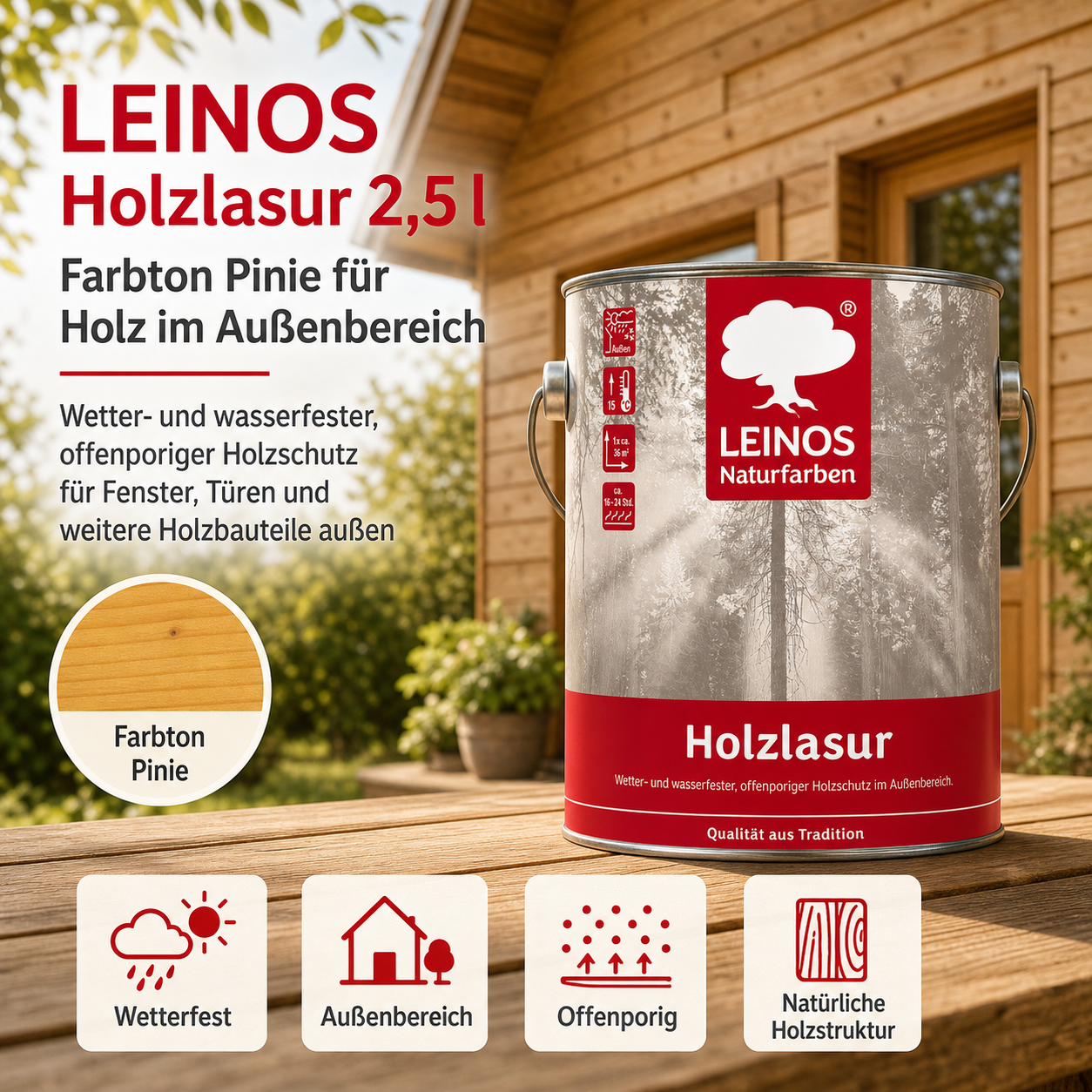 Wetterfeste Holzlasur für Außen 022 Pinie 0,75 Liter - offenporiger Holzschutz mit Filmschutz gegen Pilzbefall - für Fenster, Türen, Zäune & Pergolen - wasserabweisend, lasierend