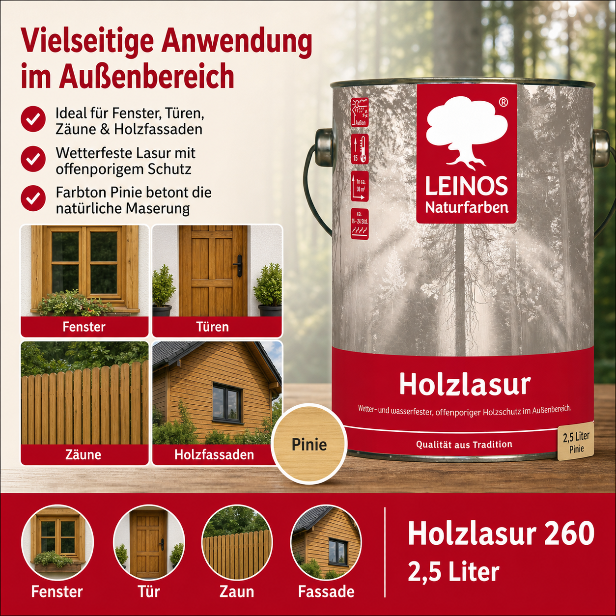 Wetterfeste Holzlasur für Außen 022 Pinie 0,75 Liter - offenporiger Holzschutz mit Filmschutz gegen Pilzbefall - für Fenster, Türen, Zäune & Pergolen - wasserabweisend, lasierend