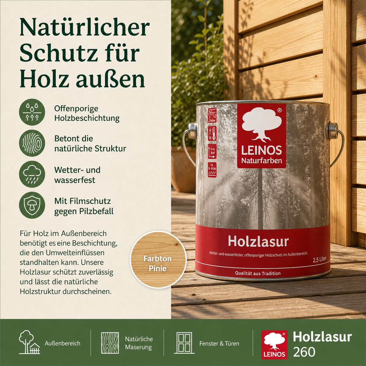 Wetterfeste Holzlasur für Außen 022 Pinie 0,75 Liter - offenporiger Holzschutz mit Filmschutz gegen Pilzbefall - für Fenster, Türen, Zäune & Pergolen - wasserabweisend, lasierend