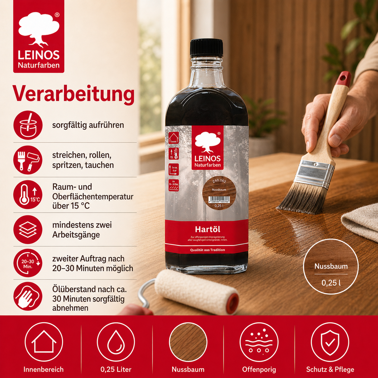 LEINOS Holzöl 250 ml | Hartöl Nussbaum für Tische Möbel Arbeitsplatten | Teak Eiche Möbelöl für effektive Versiegelung und langanhaltenden Schutz im Innenbereich