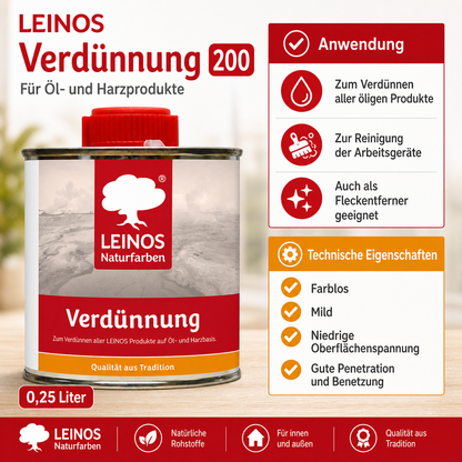 LEINOS 200 Verdünnung 0,25 Liter | Zum Verdünnen aller öligen Produkte sowie zur Reinigung der Arbeitsgeräte. Auch als Fleckentferner geeignet.