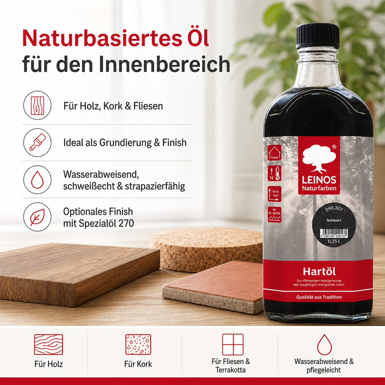 LEINOS Holzöl 250 ml | Hartöl Schwarz für Tische Möbel Arbeitsplatten | Teak Eiche Möbelöl für effektive Versiegelung und langanhaltenden Schutz im Innenbereich