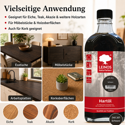 LEINOS Holzöl 250 ml | Hartöl Schwarz für Tische Möbel Arbeitsplatten | Teak Eiche Möbelöl für effektive Versiegelung und langanhaltenden Schutz im Innenbereich