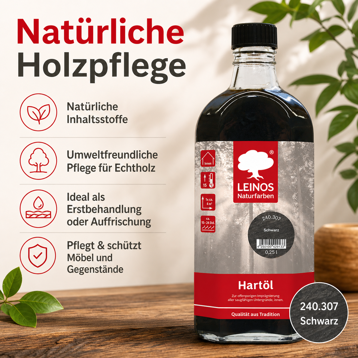 LEINOS Holzöl 250 ml | Hartöl Schwarz für Tische Möbel Arbeitsplatten | Teak Eiche Möbelöl für effektive Versiegelung und langanhaltenden Schutz im Innenbereich