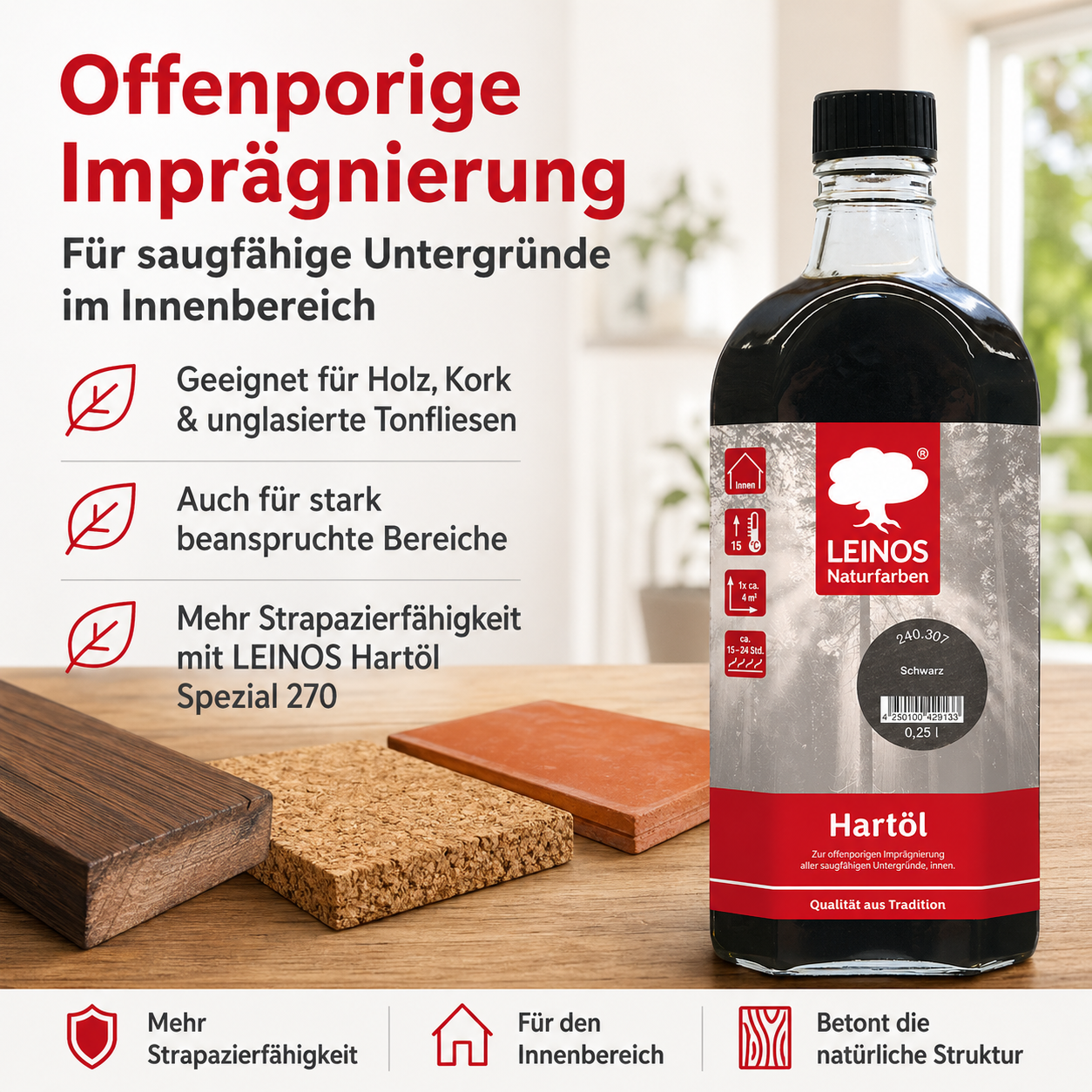 LEINOS Holzöl 250 ml | Hartöl Schwarz für Tische Möbel Arbeitsplatten | Teak Eiche Möbelöl für effektive Versiegelung und langanhaltenden Schutz im Innenbereich