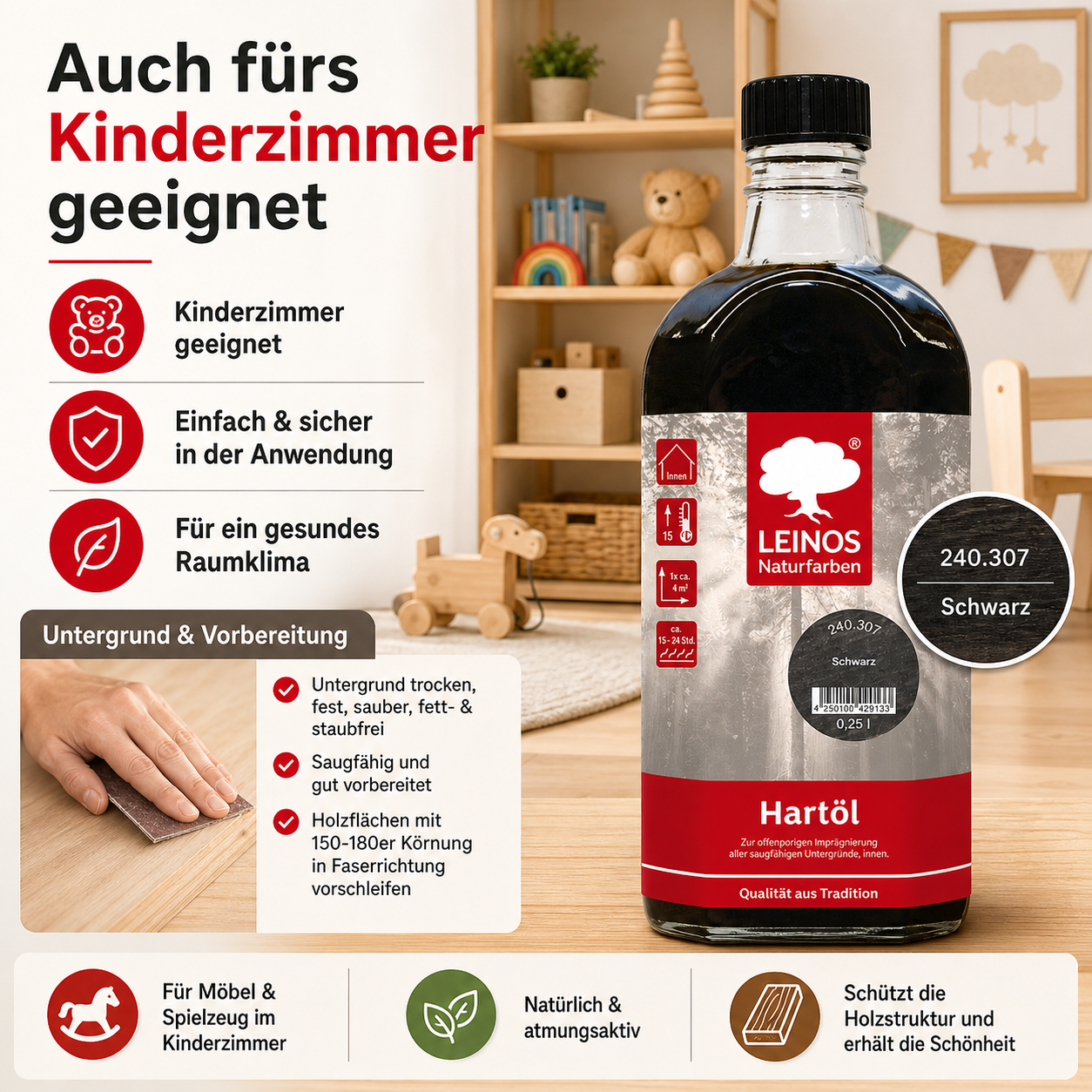 LEINOS Holzöl 250 ml | Hartöl Schwarz für Tische Möbel Arbeitsplatten | Teak Eiche Möbelöl für effektive Versiegelung und langanhaltenden Schutz im Innenbereich