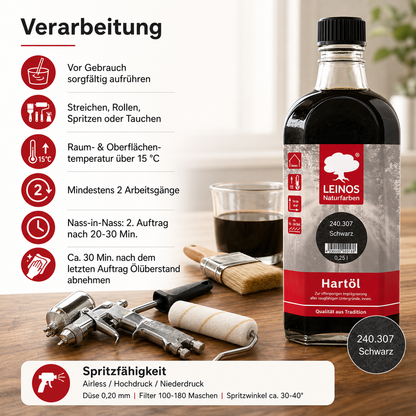 LEINOS Holzöl 250 ml | Hartöl Schwarz für Tische Möbel Arbeitsplatten | Teak Eiche Möbelöl für effektive Versiegelung und langanhaltenden Schutz im Innenbereich