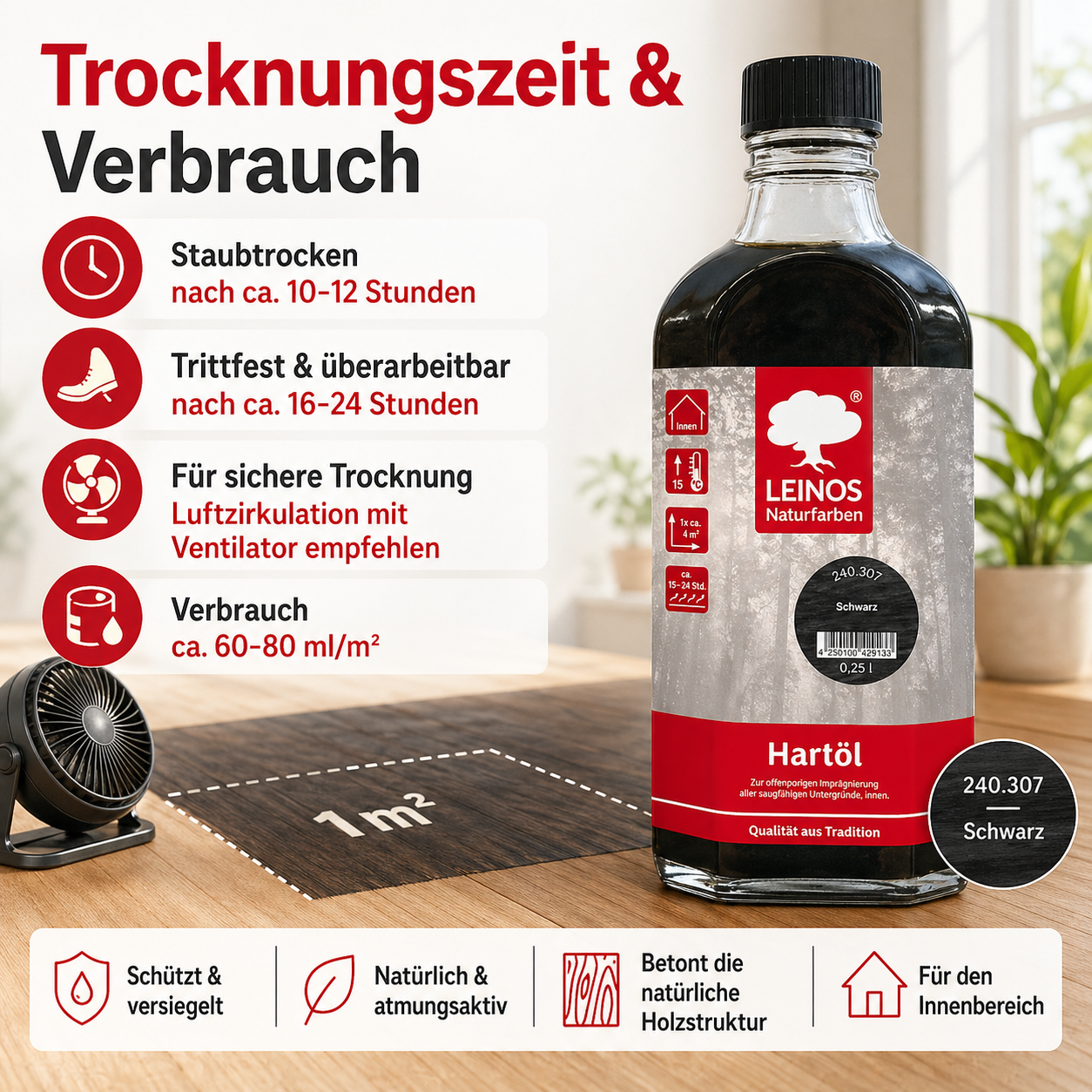 LEINOS Holzöl 250 ml | Hartöl Schwarz für Tische Möbel Arbeitsplatten | Teak Eiche Möbelöl für effektive Versiegelung und langanhaltenden Schutz im Innenbereich