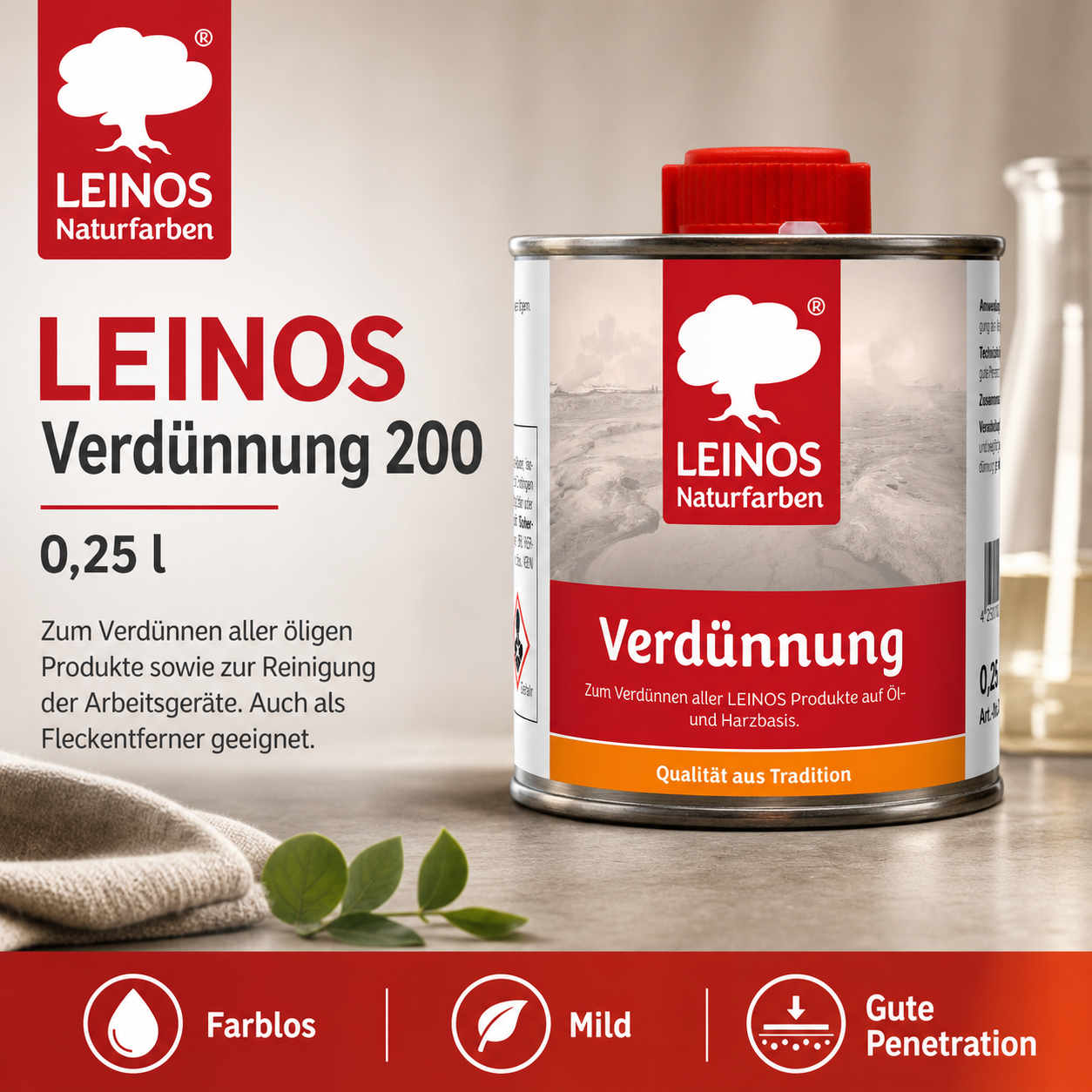 LEINOS 200 Verdünnung 0,25 Liter | Zum Verdünnen aller öligen Produkte sowie zur Reinigung der Arbeitsgeräte. Auch als Fleckentferner geeignet.