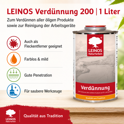 LEINOS 200 Verdünnung 1 Liter | Zum Verdünnen aller öligen Produkte sowie zur Reinigung der Arbeitsgeräte. Auch als Fleckentferner geeignet.