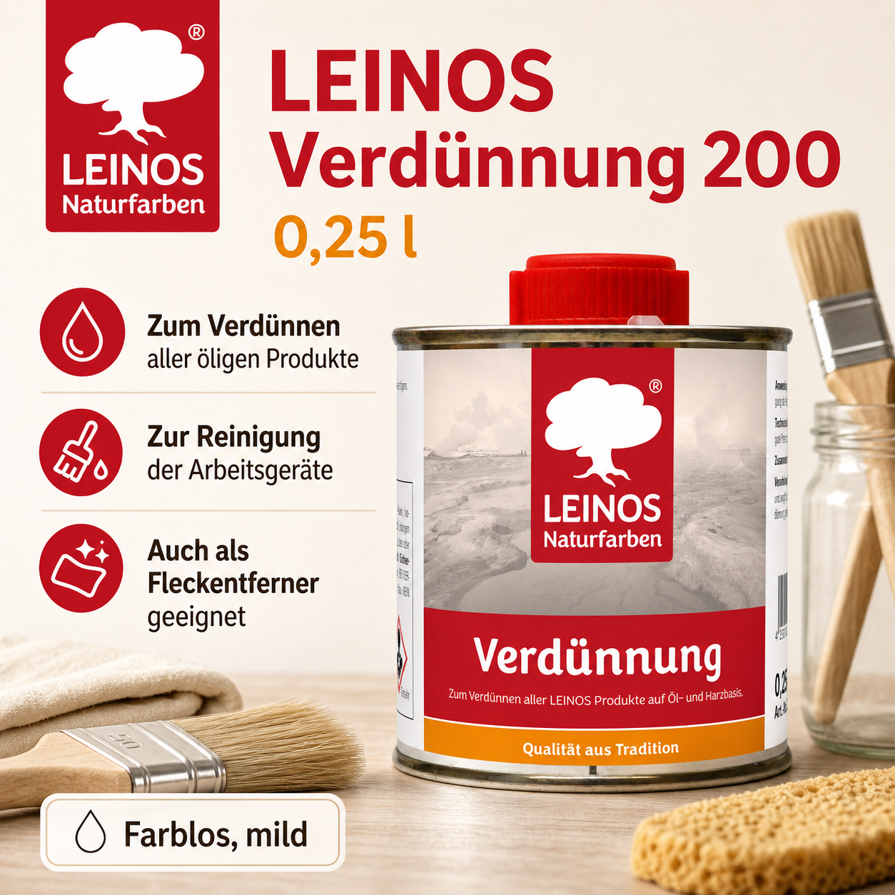 LEINOS 200 Verdünnung 0,25 Liter | Zum Verdünnen aller öligen Produkte sowie zur Reinigung der Arbeitsgeräte. Auch als Fleckentferner geeignet.