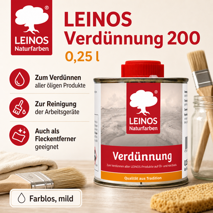 LEINOS 200 Verdünnung 0,25 Liter | Zum Verdünnen aller öligen Produkte sowie zur Reinigung der Arbeitsgeräte. Auch als Fleckentferner geeignet.