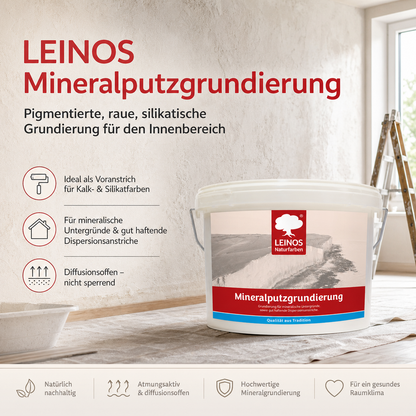 LEINOS Mineralputzgrundierung 2,5 L – pigmentierte, raue silikatische Grundierung für innen, Voranstrich für Silikat- und Kalkfarben auf Putz, Beton, Ziegel, Lehmputz und Gipskarton, atmungsaktiv weiß