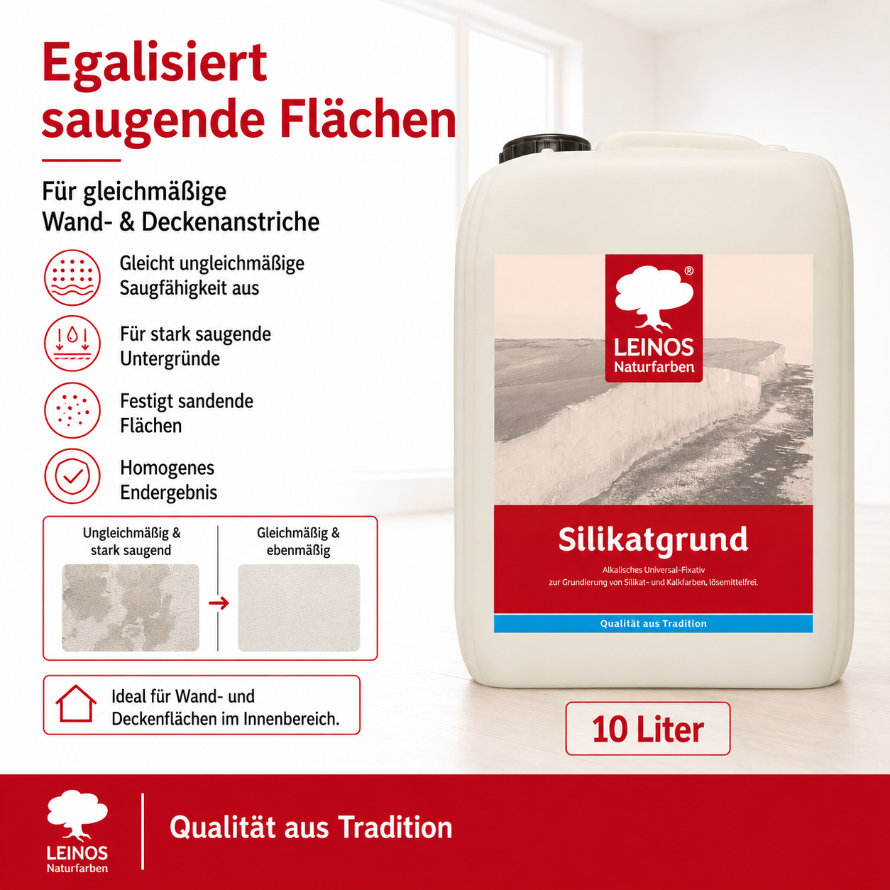 LEINOS 620 Tiefengrund 10,0 L | für stark oder unterschiedlich saugende Wandflächen | Sehr hoch dampfdurchlässig | Farbton nach der Trocknung: nahezu farblos