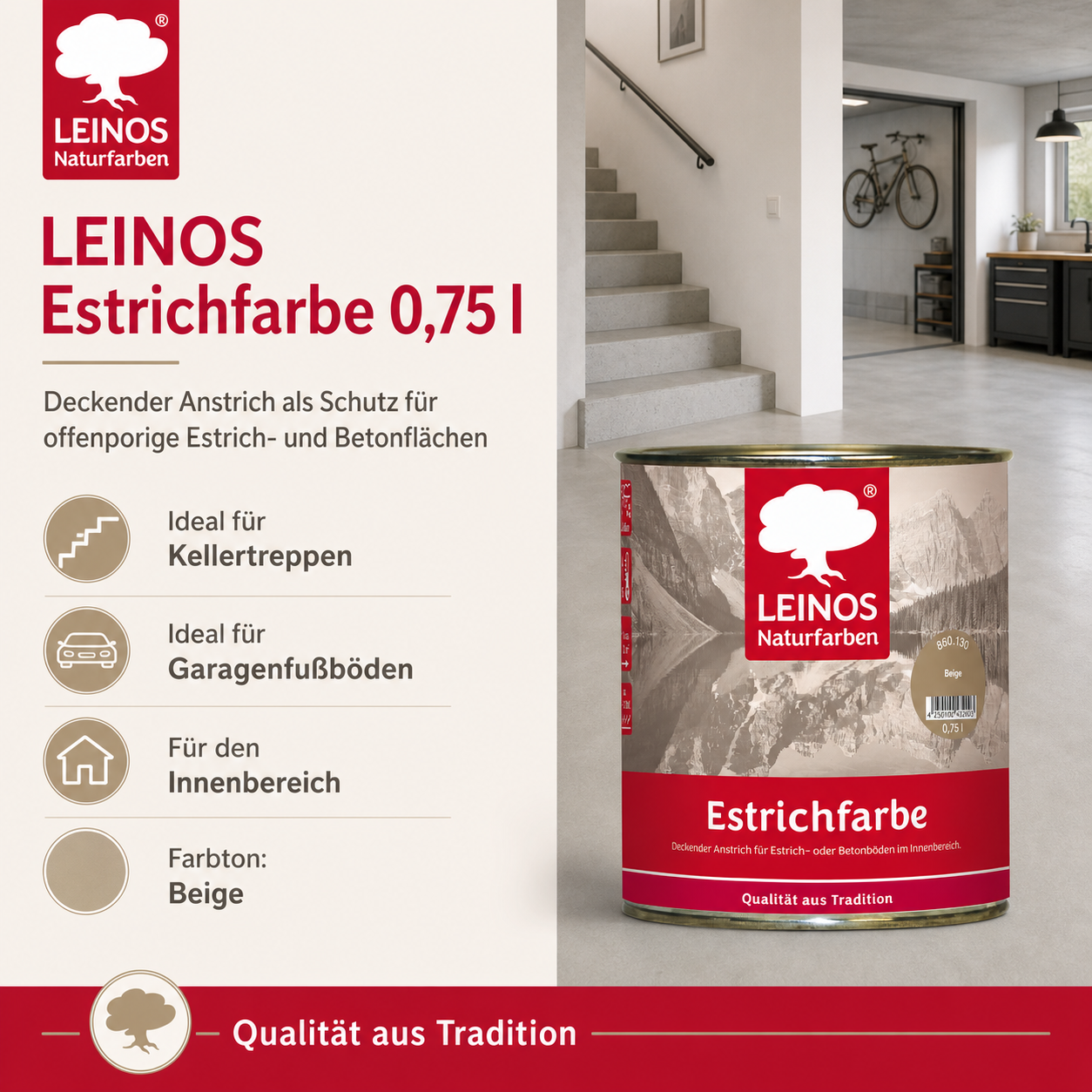 Leinos Naturfarben Estrichfarbe 860 | für innen | Schutz & Farbgebung für offenporige Estrich- & Betonflächen | abriebfest, wasserabweisend | Beige  | 0,75 Liter