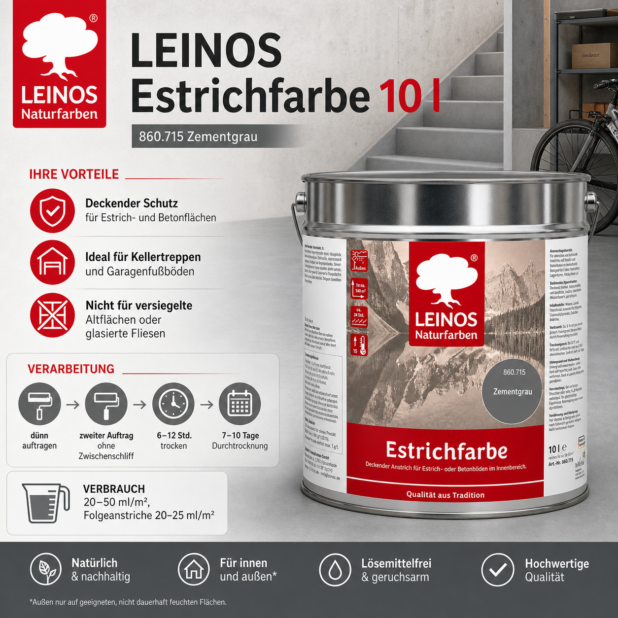 LEINOS 860 Estrichfarbe für Innen, 10l, Zementgrau