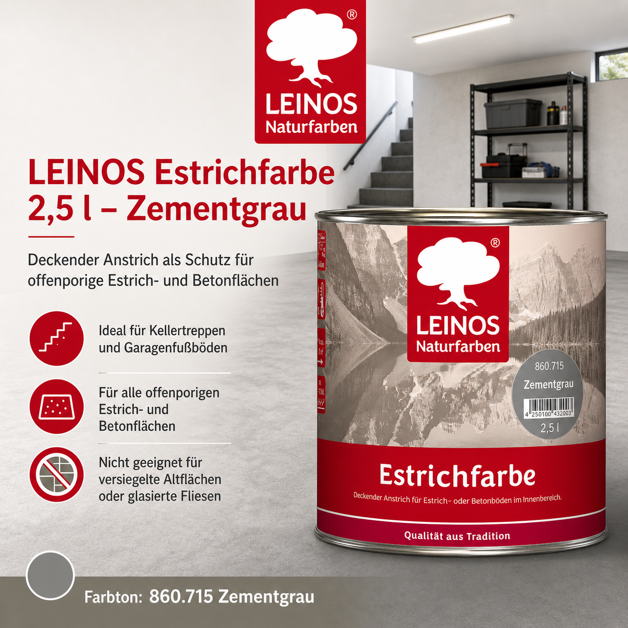 Estrichfarbe 860 | 2,5 Liter | für innen | Schutz & Farbgebung für offenporige Estrich- & Betonflächen | abriebfest, wasserabweisend, speichel- & schweißecht |  Zementgrau