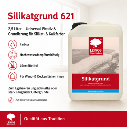 LEINOS Silikatgrund 621 | Universal-Fixativ & Grundierung für Silikat- & Kalkfarben | Farblos, hoch wasserdampfdurchlässig, lösemittelfrei | 2,5 Liter | von LEINOS