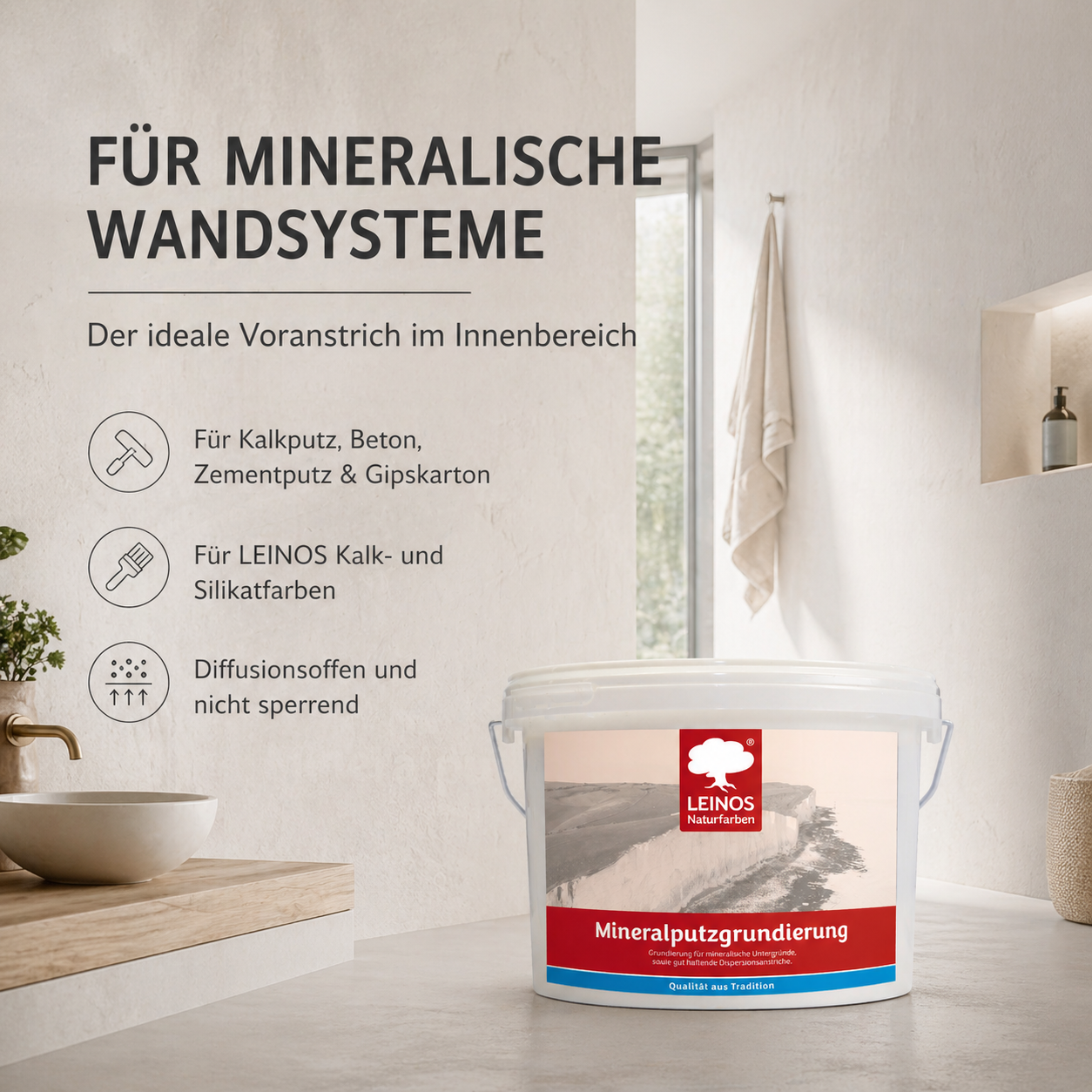 LEINOS Mineralputzgrundierung 2,5 L – pigmentierte, raue silikatische Grundierung für innen, Voranstrich für Silikat- und Kalkfarben auf Putz, Beton, Ziegel, Lehmputz und Gipskarton, atmungsaktiv weiß