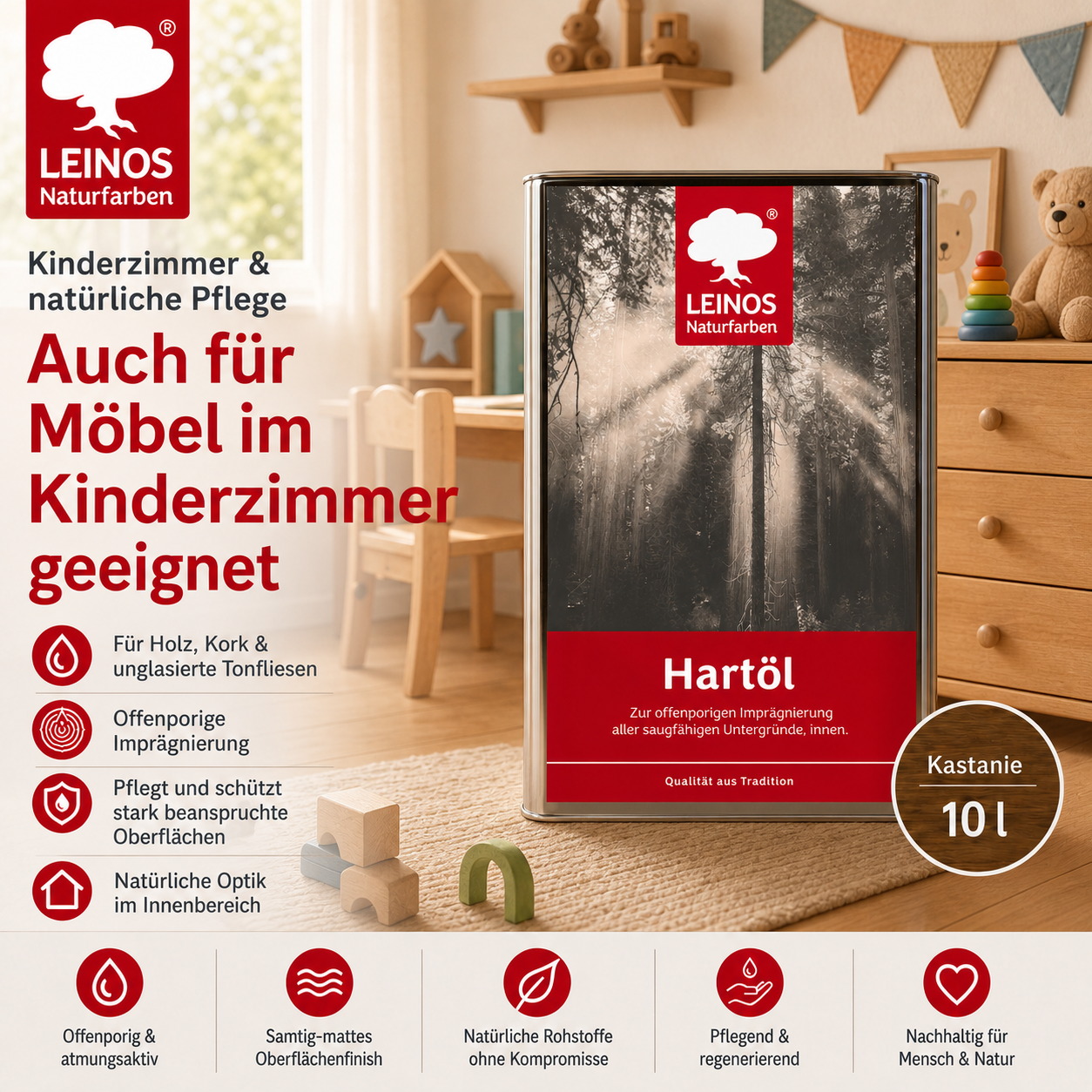LEINOS Holzöl 10 l | Hartöl Kastanie für Tische Möbel Arbeitsplatten | Teak Eiche Möbelöl für effektive Versiegelung und langanhaltenden Schutz im Innenbereich